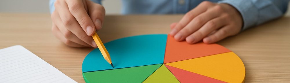 Close-up of a hand using a yellow pencil to point at colorful segmented shapes on a table with a blank notepad nearby.