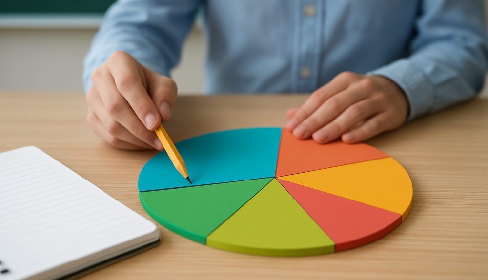 Close-up of a hand using a yellow pencil to point at colorful segmented shapes on a table with a blank notepad nearby.